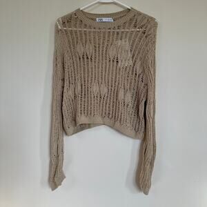 Zara Womens Small Tan Open Knit Sweater Crew Neck Long Sleeve Boho Layering